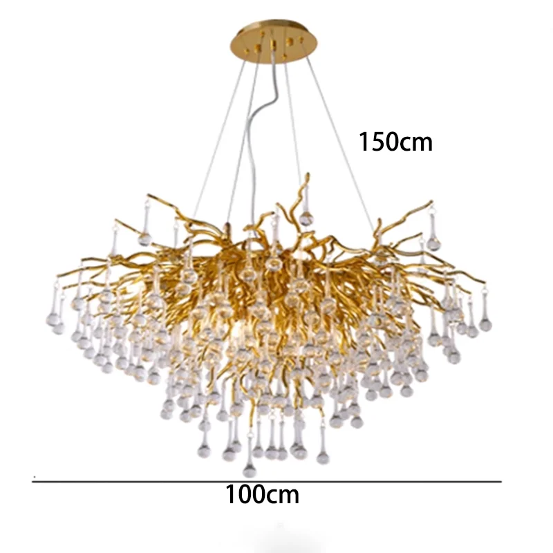 Gold chandelier with crystal accents, labeled dimensions on a white background