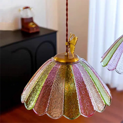 Gold Butterfly Glass Pendant Light with Multi-Color Scalloped Shade