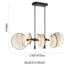 Modern chandelier with six circular glass shades and black metal frame, dimensions displayed.