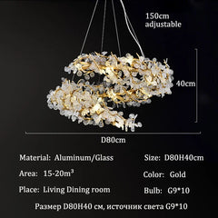 Chandelier with dimensions and material details on a black background