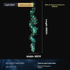 Decorative stair light with measurements and specifications on a black background