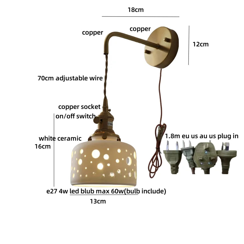 Wall-mounted lamp with labeled dimensions and components on a white background
