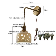 Wall-mounted lamp with labeled dimensions and components on a white background