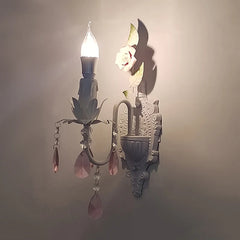 White Floral Wall Sconce with Pink Crystal Drops and Rose Accents