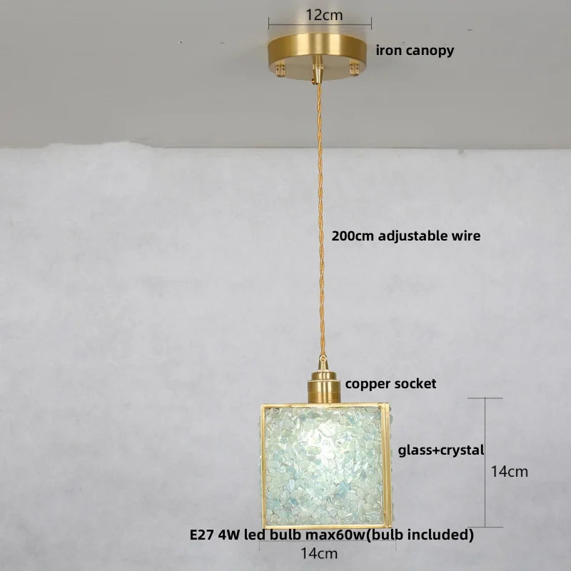 Pendant light with labeled parts and dimensions on a white background