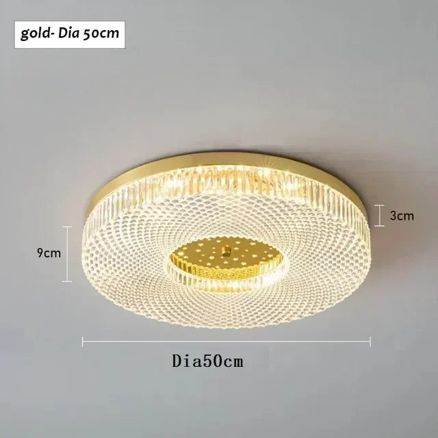 Gold ceiling light fixture with measurements on a gray background