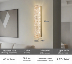 Wall-mounted light fixture with dimensions and product details on a neutral background