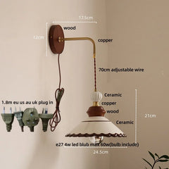 Wall-mounted lamp with measurements and components labeled on a beige background
