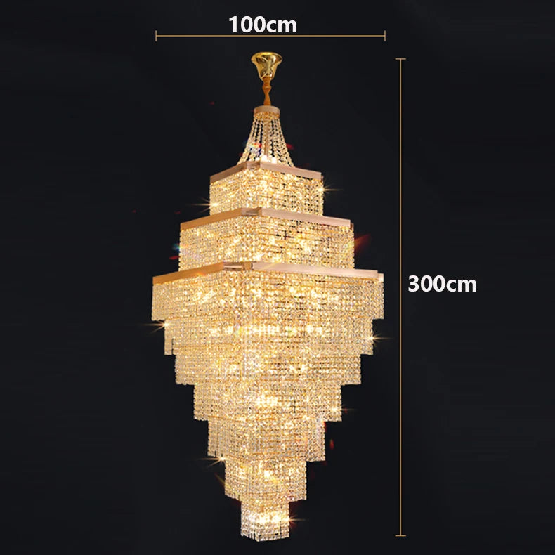Gold chandelier with dimensions indicated on a black background