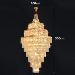 Gold chandelier with dimensions indicated on a black background