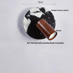 Light fixture with marble base and wooden accent, labeled 'bulgari luxury stone' and 'Wood'.