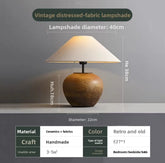 A table lamp with dimensions and specifications highlighted, showing its ceramic base and fabric shade.