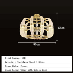 Chandelier with dimensions and product details on a black background