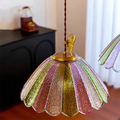 Gold Butterfly Glass Pendant Light with Multi-Color Scalloped Shade