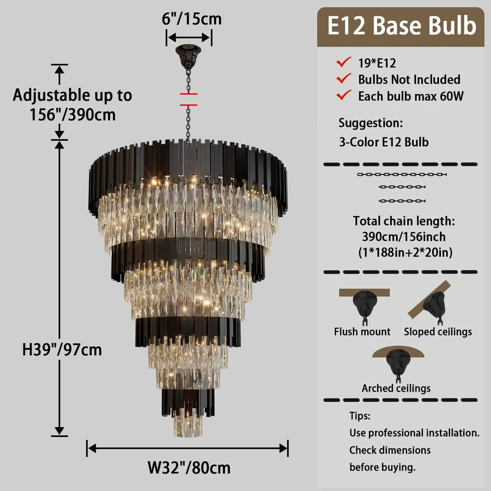 Chandelier with dimensions and installation instructions on a gray background