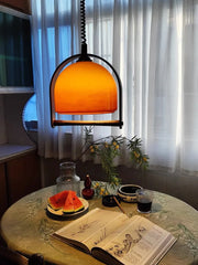 Amber Glass Dome Pendant Light with Wood Accents