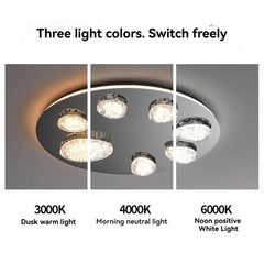Ceiling light fixture with three different light color temperatures displayed.