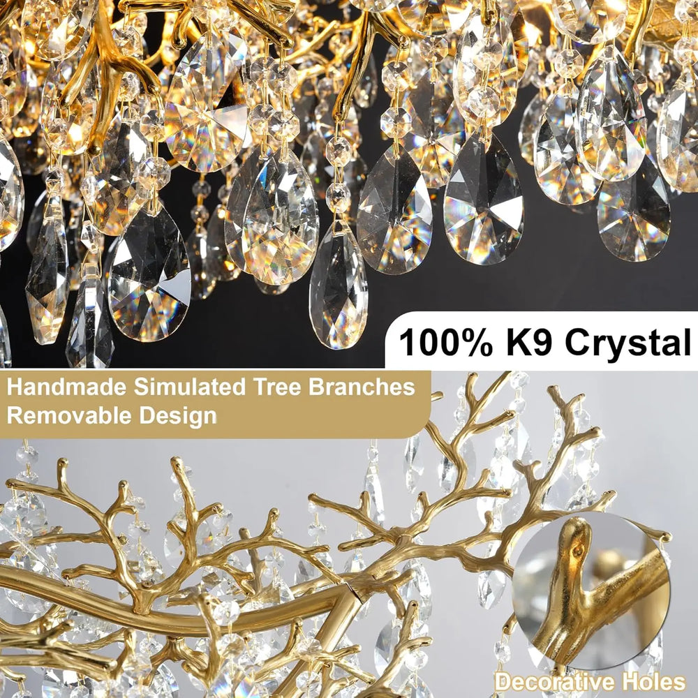 Luxurious chandelier with gold branches and clear crystals on a dark background.