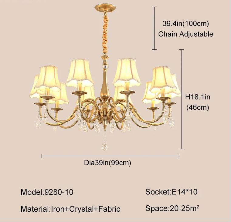 Gold chandelier with fabric shades and dimensions on a beige background.