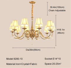 Gold chandelier with fabric shades and dimensions on a beige background.