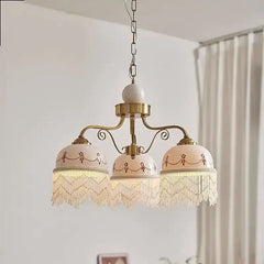 Gold Floral Ceramic Pendant Light with Tassel Fixture