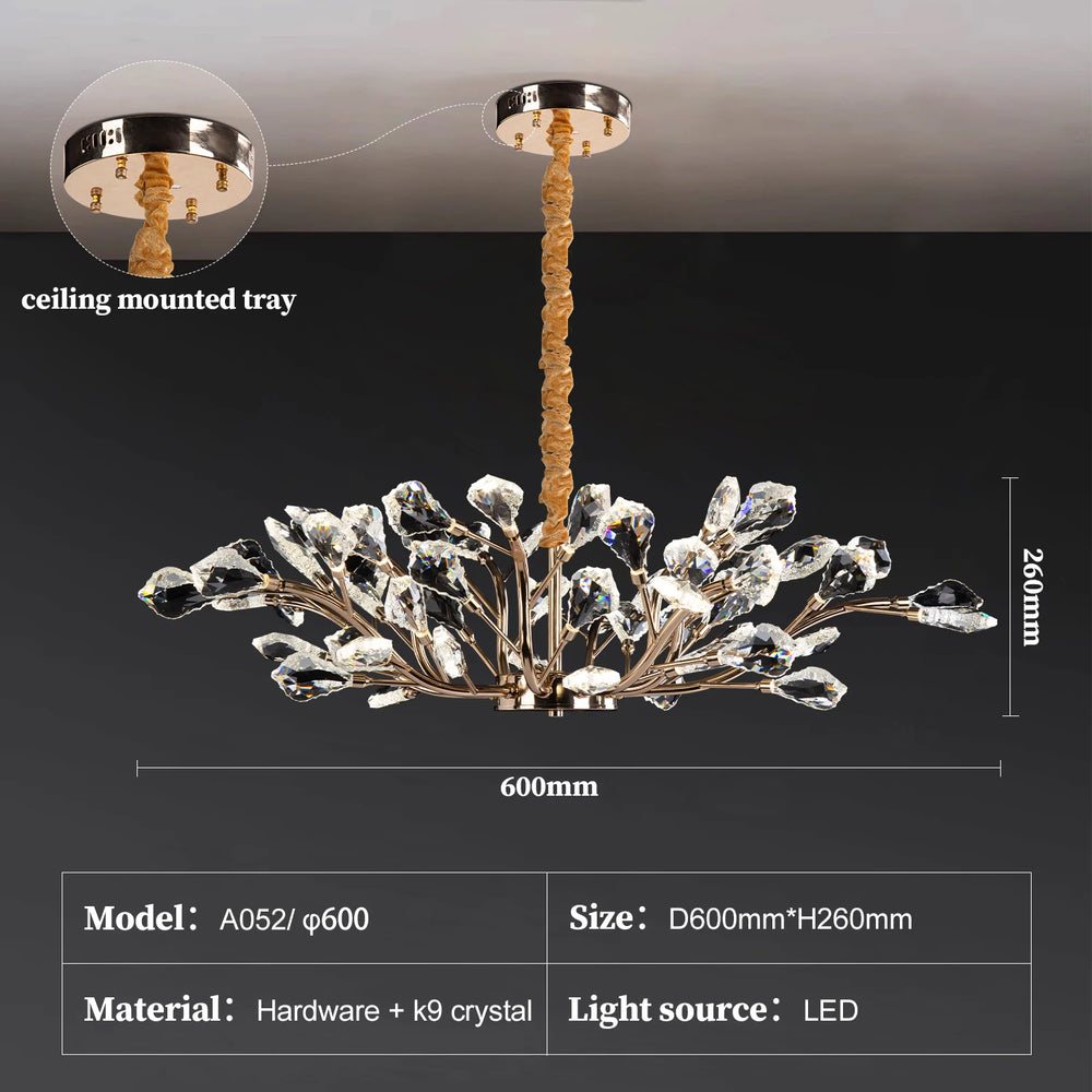 Chandelier with dimensions and technical details on a dark background