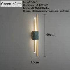 Wall-mounted light fixture with dimensions and specifications on a gray wall.