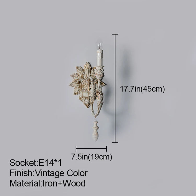 Decorative wall sconce with dimensions and specifications on a gray background