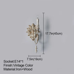 Decorative wall sconce with dimensions and specifications on a gray background