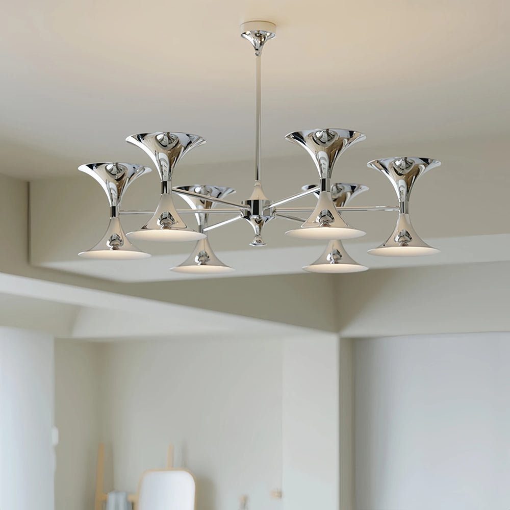 Chandelier with multiple chrome horn shades and a central mounting point