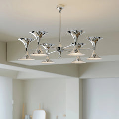 Chandelier with multiple chrome horn shades and a central mounting point