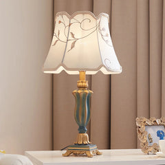 Ornate Floral Fabric Shade Table Lamp with Carved Resin Base