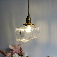 Brass Square Pendant Light with Textured Amber Glass Shade