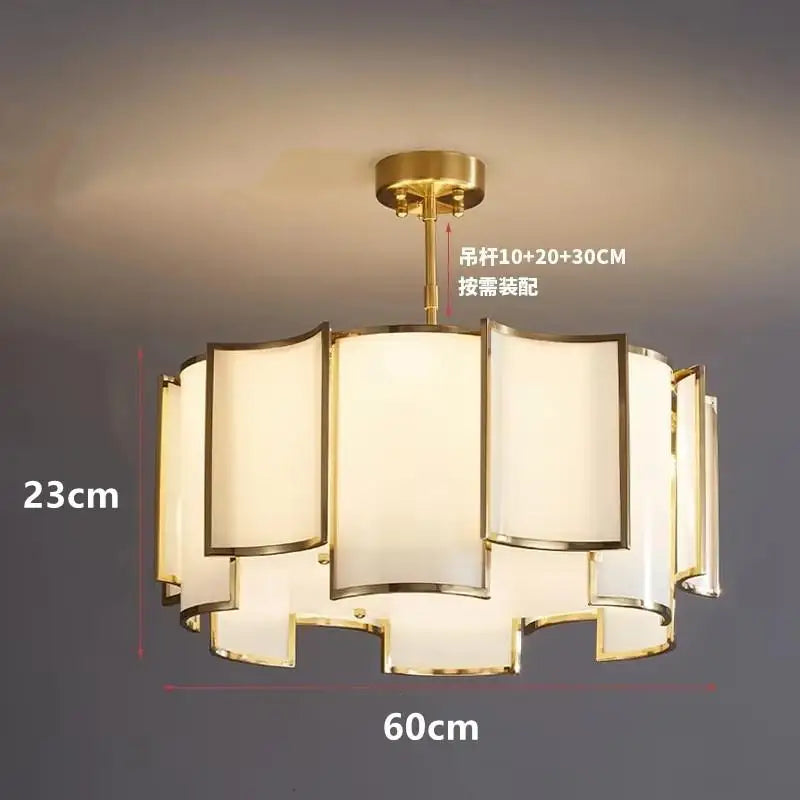 A diagram of the gold tiered pendant light with dimensions indicated: 23cm height and 60cm width, with adjustable pole options.