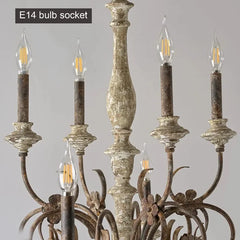 Distressed Wood Candle Chandelier with Floral Accents