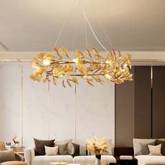 Gold Ginkgo Leaf Ring Pendant Light Fixture with Amber Glow