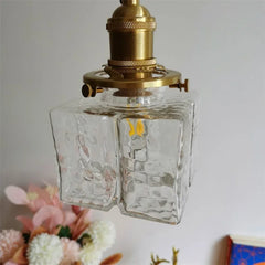 Brass Square Pendant Light with Textured Amber Glass Shade