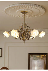 Brass Floral Chandelier with Rose Buds and Frosted Glass Bell Shades