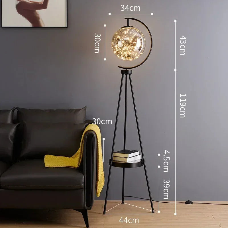 Floor lamp with dimensions labeled in a living room setting