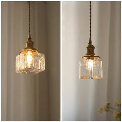 Brass Square Pendant Light with Textured Amber Glass Shade