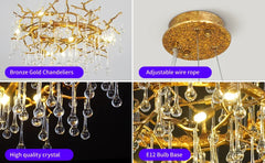 Gold Branch Crystal Waterfall Chandelier with E12 Bulb Base