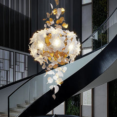 Gold Petal & White Flower Chandelier with Cascading Design