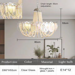 Gold Glass Beaded Chandelier with Pearl Strings Pendant Light