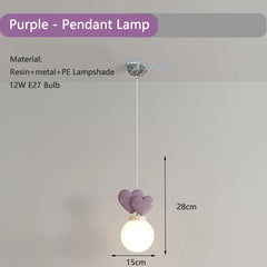 Purple pendant lamp with dimensions and material details on a gray background