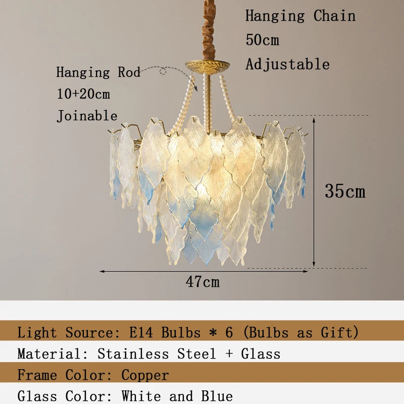 Chandelier with dimensions and feature details on a gray background