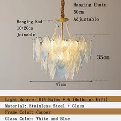 Chandelier with dimensions and feature details on a gray background