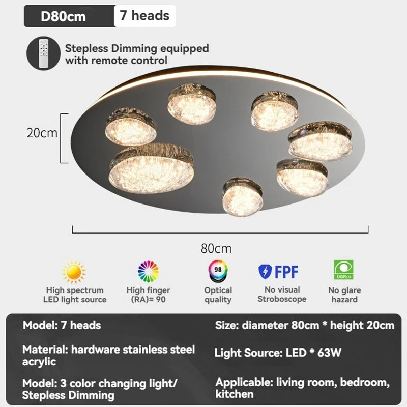 Ceiling light fixture with 7 heads, stepless dimming, and remote control on a white background.