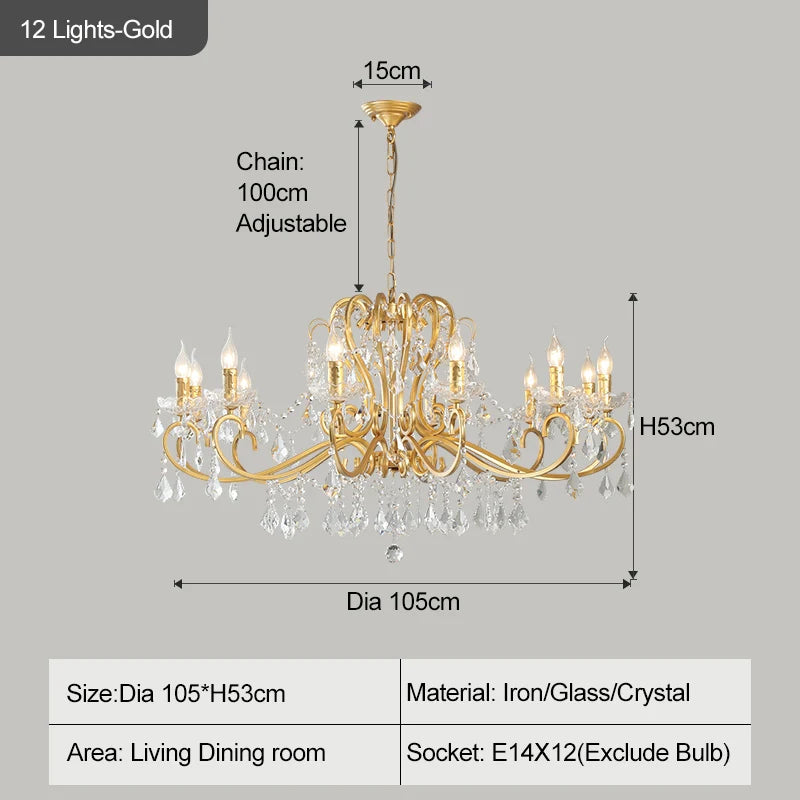 Gold chandelier with dimensions and specifications on a gray background