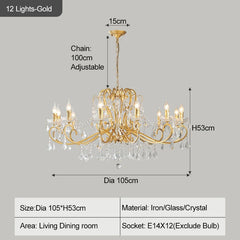 Gold chandelier with dimensions and specifications on a gray background