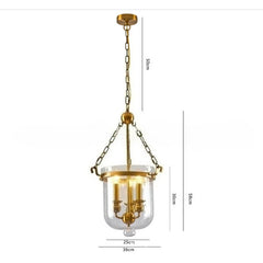 Brass Lantern Pendant Light with Clear Glass Bell Shade and Chain